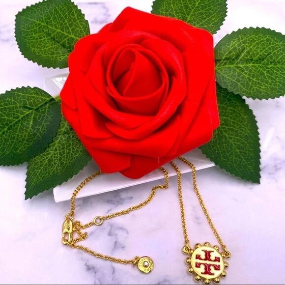 New Tory Burch Red Logo, Gold Adjustable Necklace - Picture 3 of 9